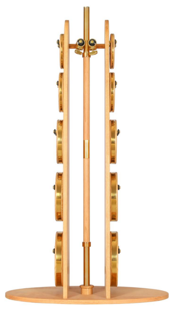 Olympic weight-plate tree in light wood with brass-edged plates