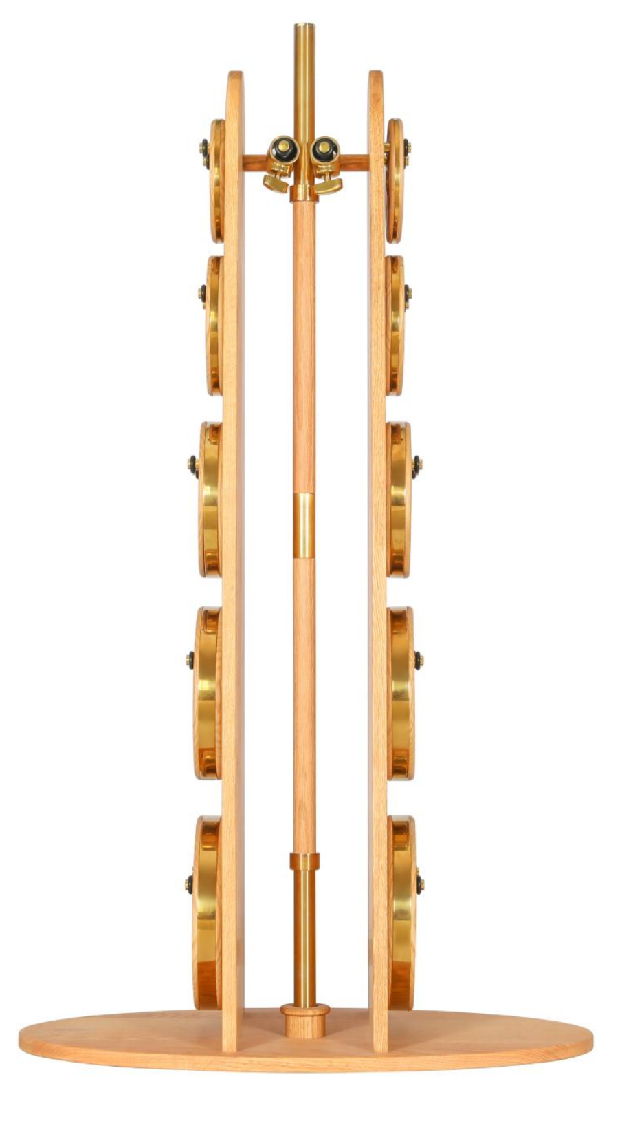 Olympic weight-plate tree in light wood with brass-edged plates