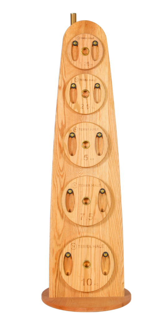 Brass-trimmed weight plates on a timber tree, detail