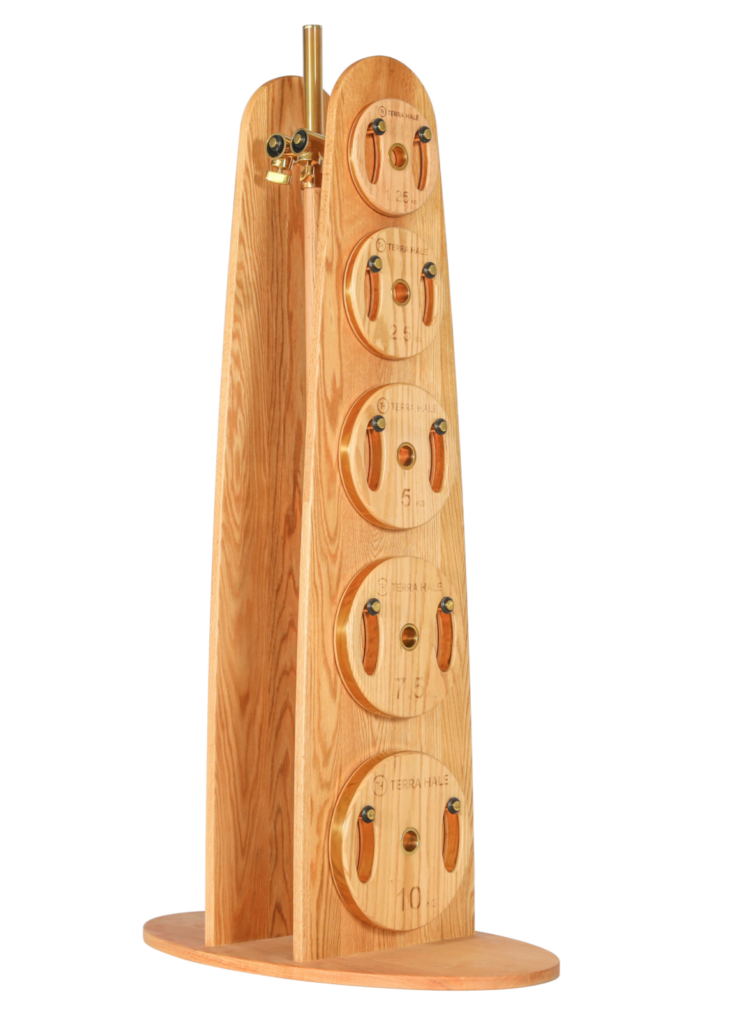 Weight-plate tree in light hardwood, side view