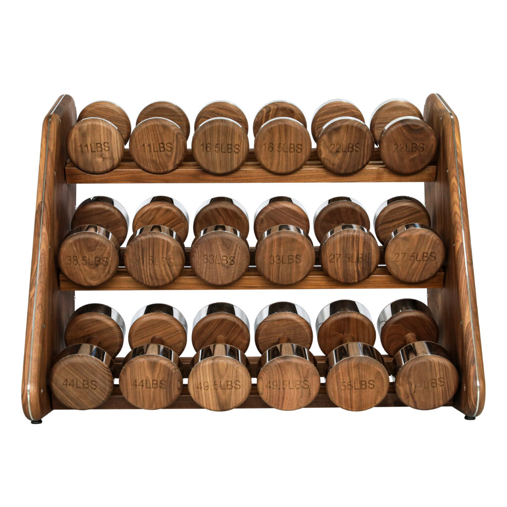 Bespoke walnut dumbbell rack — three-tier stand with weights stamped from 5 to 27 kilograms