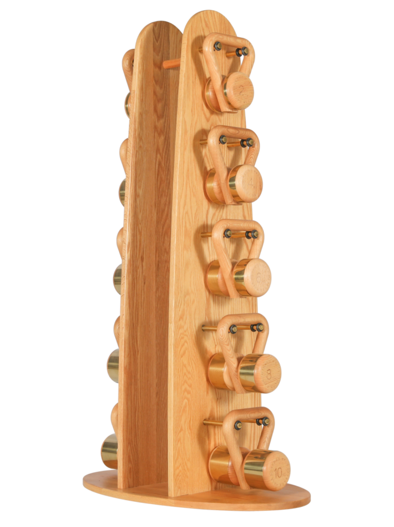 Wooden kettlebells on a light hardwood stand, detail