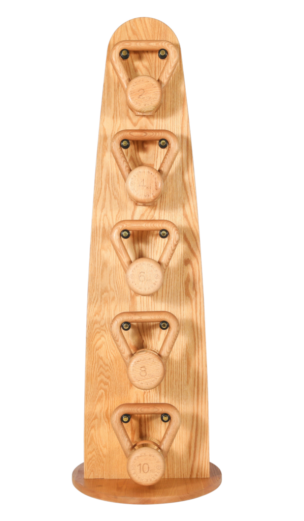 Hand-turned wooden kettlebell handles, detail