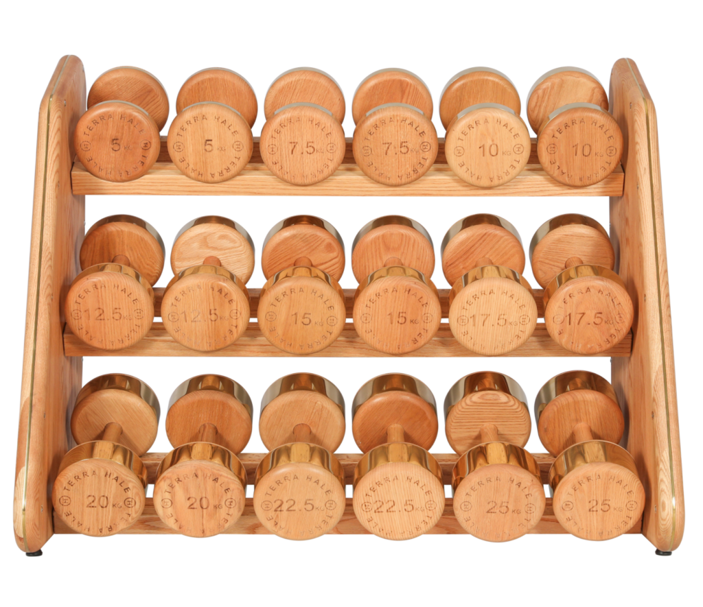 Three-tier pine dumbbell rack — The Standard finish