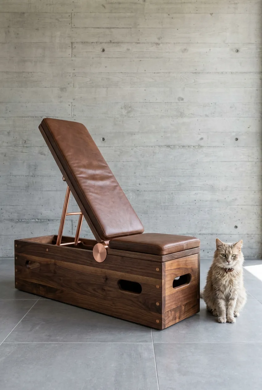 The Bench in the Cuprum Edition: walnut chest, copper frame and tan leather, in front of a board-formed concrete wall